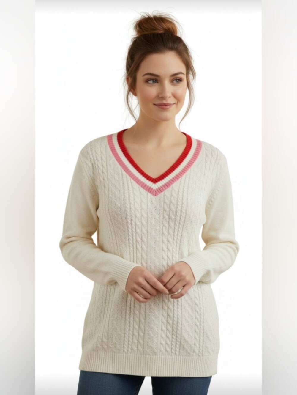 NWT@$80! TALBOTS! CREAM W/DARK & LIGHT PINK V-NECK MINI CABLED SWEATER! SZ XL